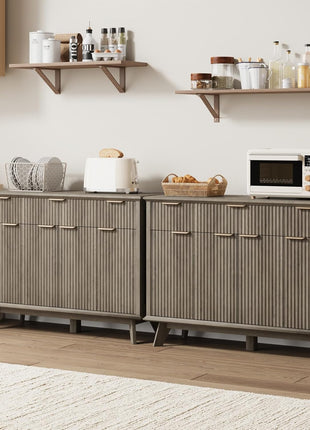 Contemporary Fluted Sideboard Buffet Cabinet with Integrated Charging Station, 47.2" Kitchen Storage Solution Featuring Drawers and Adjustable Shelves, Perfect for Dining and Living Rooms, Grey Finish