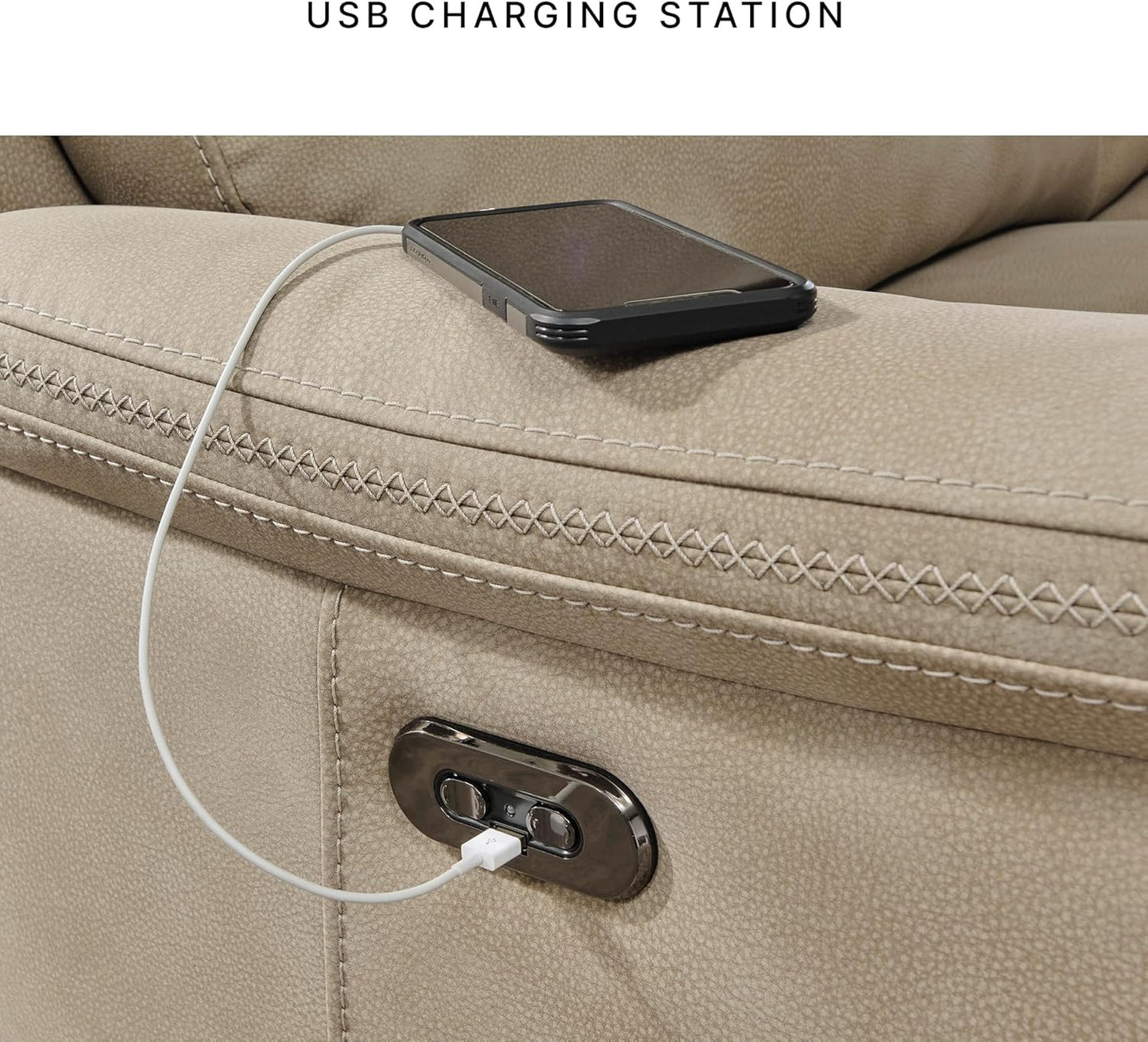 Next-Gen Durapella Power Reclining Sofa with Adjustable Headrest, USB, Extended Ottoman, Faux Leather, 80" W X 42" D X 42" H, Beige Sand