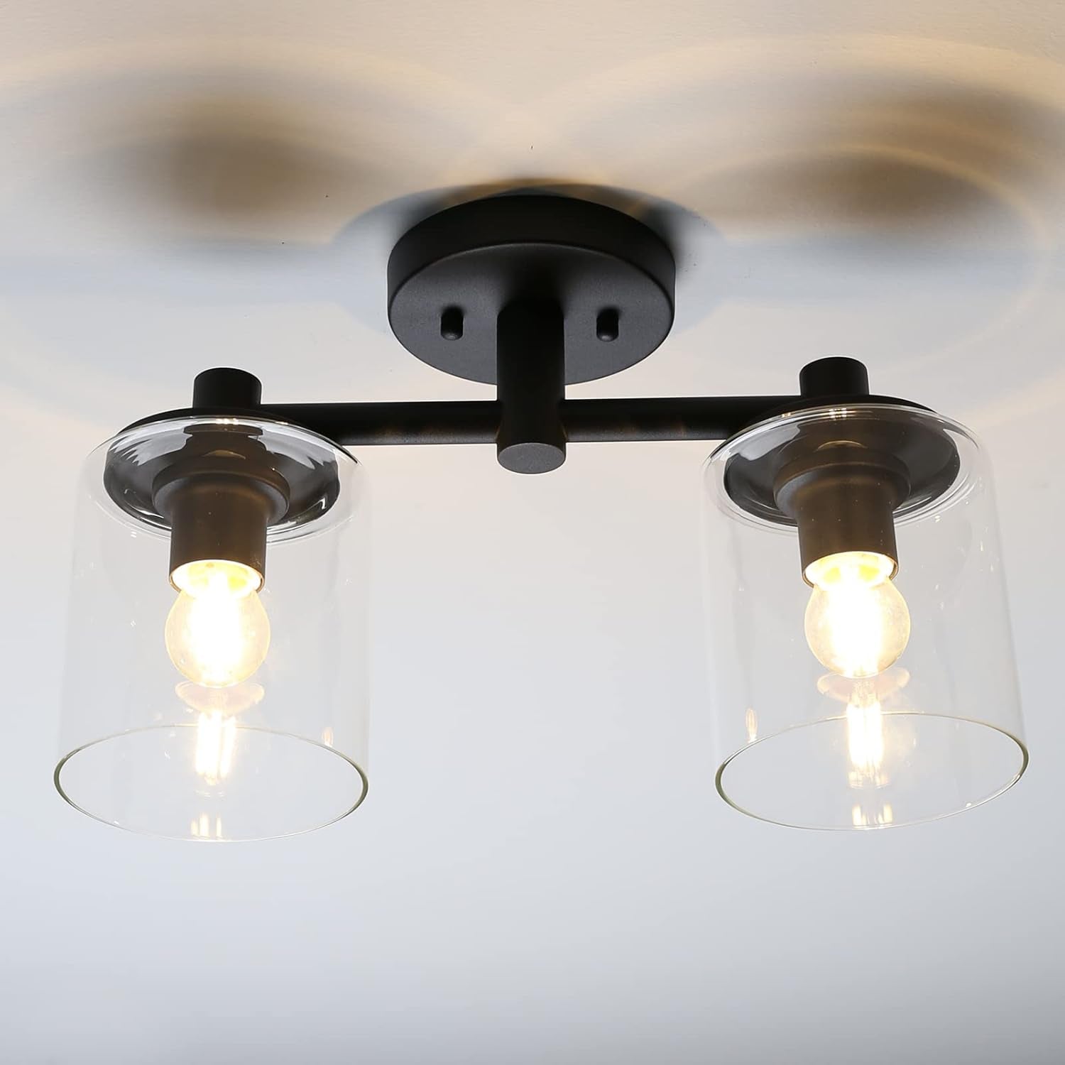 2-Light Semi Flush Mount Ceiling Light, Industrial Pendant Lighting Fixture with Glass Shade, Ceiling Chandelier Lamp for Hallway Loft Kitchen Bar