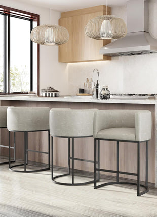 Set of 4 Contemporary 24-Inch Faux Leather Counter Height Bar Stools with Metal Legs and Back Footrest in Greige (White)