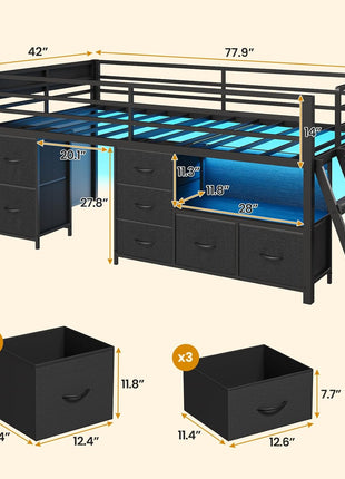 Twin Size Low Loft Bed with 7 Storage Drawers, Bookcase, LED Lights, Safety Guardrail, Inclined Ladder, Play Curtain, and Under-Bed Play Space in Black