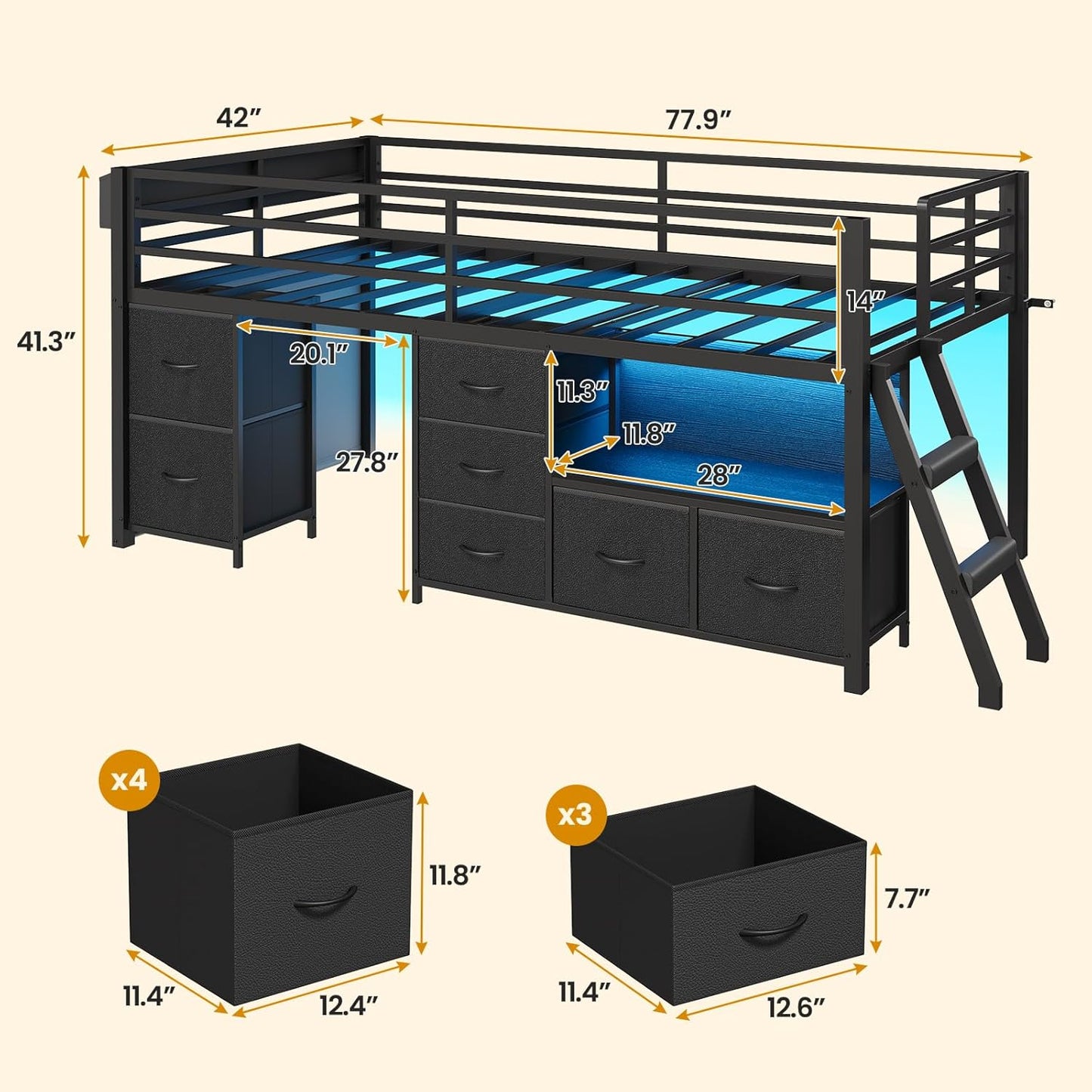Low Loft Bed Twin Size with 7 Storage Drawers, Bookcase and LED Lights, Metal Kids Loft Bed with 14" H Safety Guardrail,Inclined Ladder and Play Curtain, Under-Bed Play Space, Black