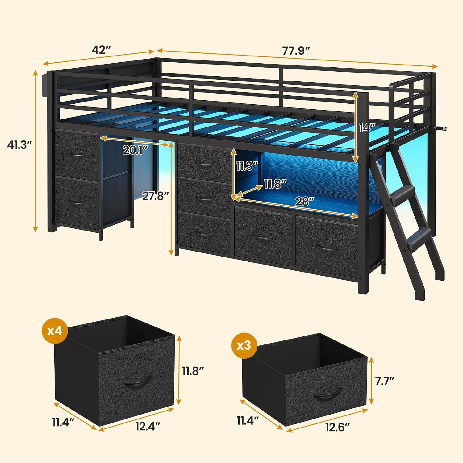 Low Loft Bed Twin Size with 7 Storage Drawers, Bookcase and LED Lights, Metal Kids Loft Bed with 14" H Safety Guardrail,Inclined Ladder and Play Curtain, Under-Bed Play Space, Black
