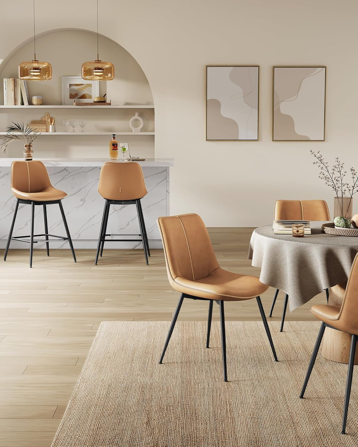 Bar Stools Set of 2, Counter Height Bar Stools with Back, Ergonomic Backrest, Synthetic Leather, Metal Legs, 24.8-Inch Tall Barstools for Kitchen Island Home Bar, Easy Assembly, Caramel Brown