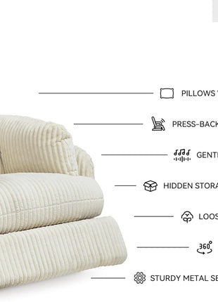 Ashley Signature Design Tie-Breaker Cozy Contemporary Manual Press-Back Swivel Glider Rocker Recliner with Two Bolster Pillows and Hidden Storage in White