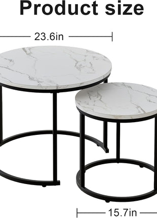 Set of 2 Round Nesting Coffee Tables Featuring White Faux Marble Tops and Black Steel Frames for Living Room, Bedroom, and Balcony Use