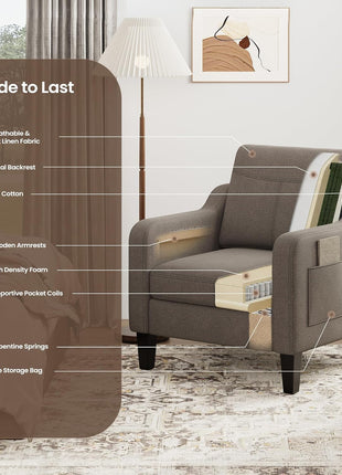 Contemporary Linen Upholstered Accent Chair with Foldable Table and Side Pockets for Living Room and Bedroom