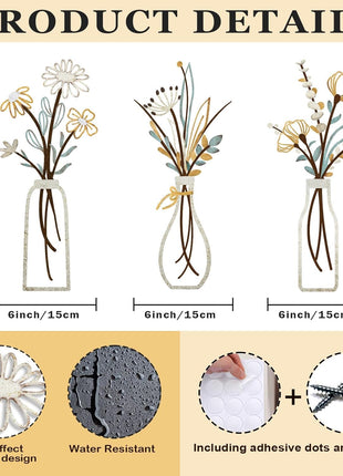 Set of 3 Rustic Metal Flower Wall Art - Minimalist Decor for Living Room, Bathroom, Bedroom, and Dining Room, Perfect for Housewarming and Christmas Gifts (Beige, Vase-C)