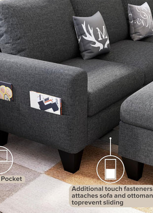 78-Inch Dark Grey Convertible L-Shaped Sectional Sofa with Storage Ottoman in Pet-Friendly Linen Fabric, Perfect for Small Spaces and Apartments