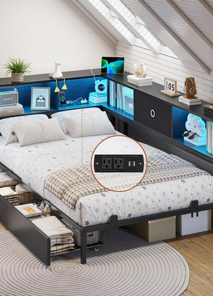 Twin Corner Bed Frame with Integrated Bookcase Storage and LED Lighting, Metal Platform Bed with Storage Drawers and Charging Station for Kids and Teens, Black