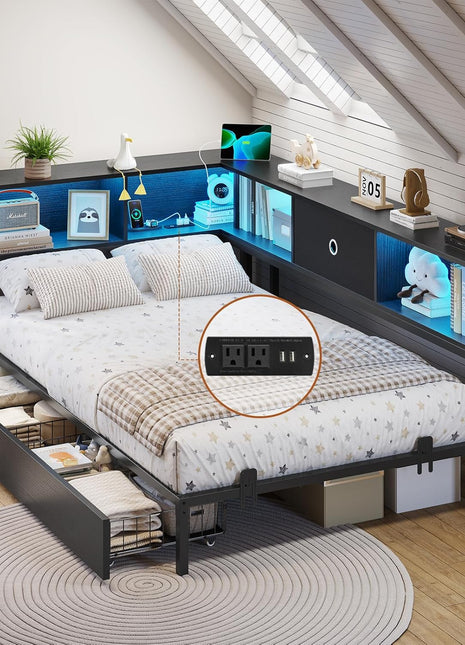Twin Corner Bed Frame with Integrated Bookcase Storage and LED Lighting, Metal Platform Bed with Storage Drawers and Charging Station for Kids and Teens, Black
