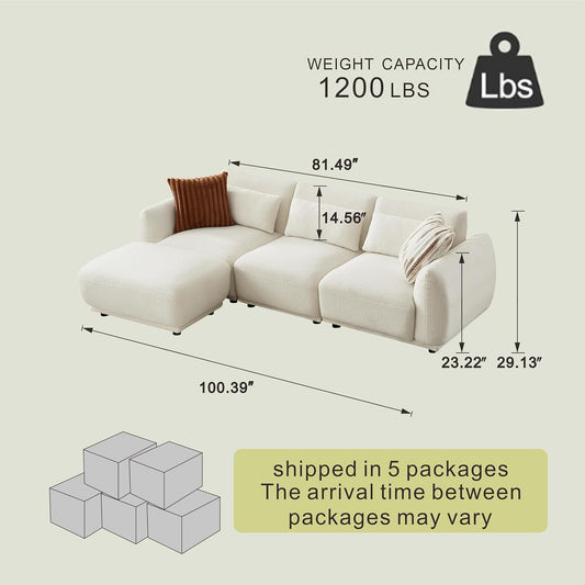 Sectional Sofa Couch,Convertible U Shaped Sectional for Living Room,Modular L Shaped Couch with Removable Ottoman.（3Set+1 Ottoman-White）