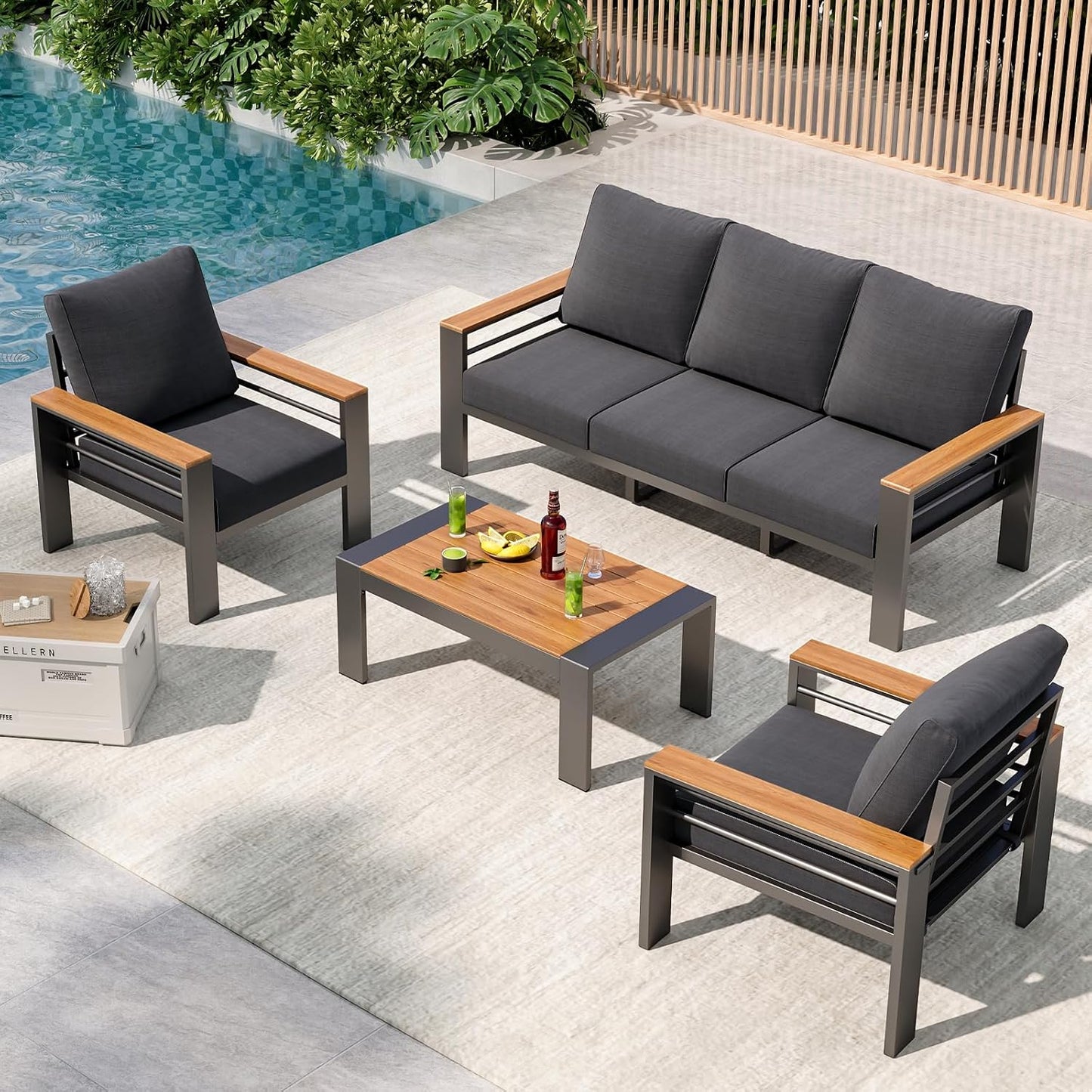 Aluminum Outdoor Patio Furniture Set, 5 Seats Outdoor Sectional with Coffee Table, Patio Conversation Sets with Upgraded Armrests and Cushions for Backyard, Garden and Poolside