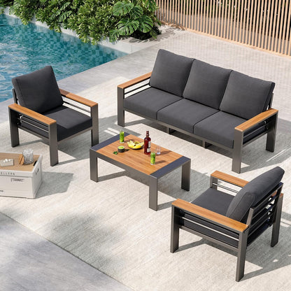 Aluminum Outdoor Patio Furniture Set, 5 Seats Outdoor Sectional with Coffee Table, Patio Conversation Sets with Upgraded Armrests and Cushions for Backyard, Garden and Poolside