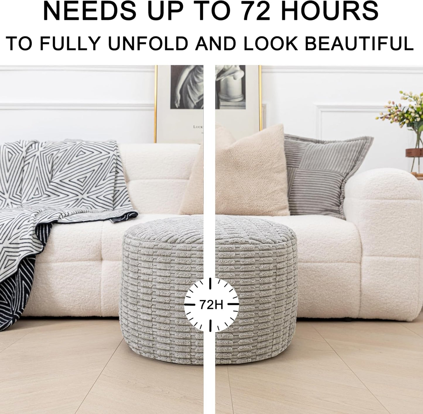 round Ottoman Pouf Ottoman Foot Stool Seat Faux Fur Bean Bag Foot Rest Floor Chair Leg Rest for Living Room, Bedroom or Wedding Gifts 20X20X14 Inches (Light Gray)