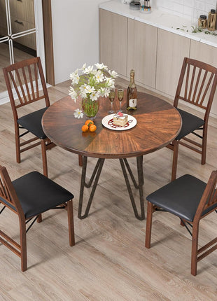 Set of 2 Folding Dining Chairs, Upholstered Wooden Chairs with PVC Padded Seat, Solid Wood Frame, 400LBS Capacity for Kitchen and Apartment (Black & Brown)