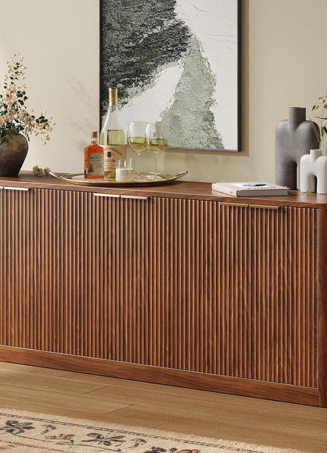 67-Inch Fluted Walnut Buffet Cabinet Sideboard with Ample Storage, Mid-Century Modern Credenza Featuring Six Doors for Kitchen and Living Room (67" W x 31.5" H x 15.7" D)