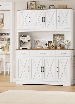 71-Inch Large Pantry Cabinet with Integrated Charging Station, 55-Inch Wide Kitchen Storage Solution Featuring Drawers and Power Outlet, Tall Kitchen Hutch with Countertop in White