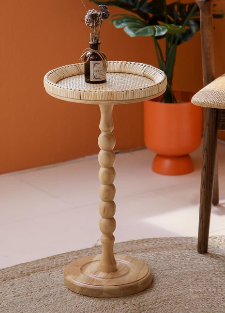 Rattan Round Small Side Table for Compact Spaces - Bohemian Circle End Table with Solid Wood Legs for Living Room and Bedroom Corners