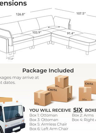 127" Premium Modular Sectional Sofa for Living Room, Down-Filled Chenille Couch in Beige, U-Shaped Design, Comfortable Seating for 5