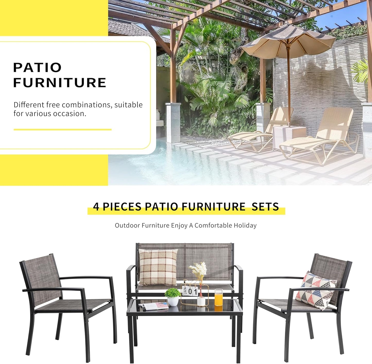 4 Pieces Patio Furniture Set All Weather Textile Fabric Outdoor Conversation Set, with Glass Coffee Table, Loveseat, 2 Single Chairs for Home, Garden, Lawn, Porch（Light Brown）