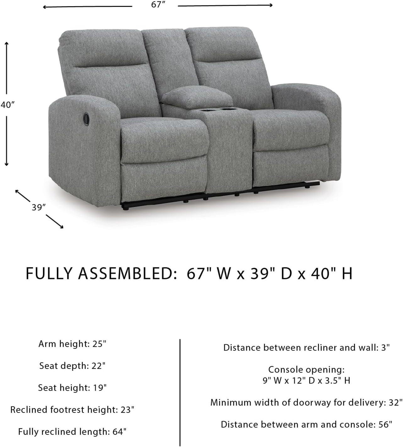 Carrigan Lane Classic Manual Pull Tab Dual Sided Reclining Loveseat with Console and Storage, Gray