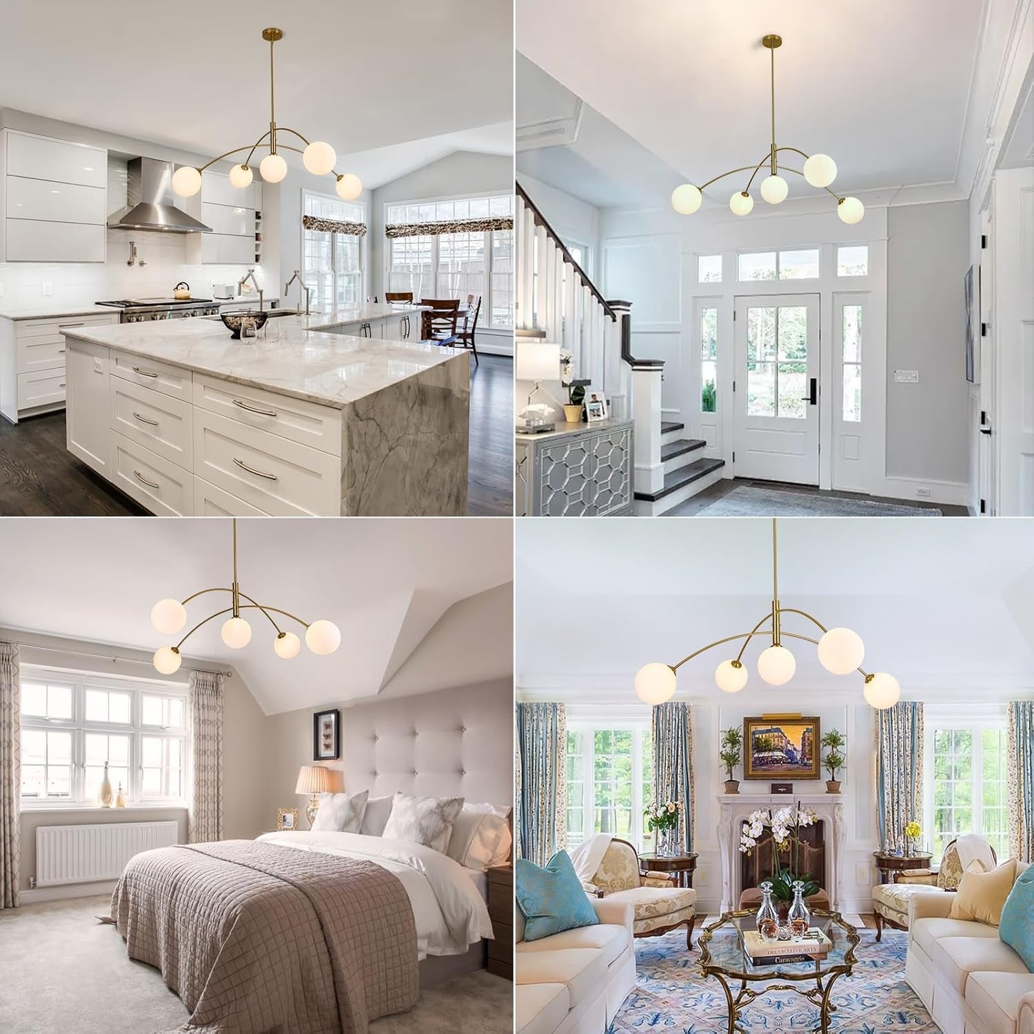 Gold Modern Chandelier 5-Light Glass Globe Ceiling Light Fixtures Mid Century Modern Sputnik Chandelier for Dining Room Kitchen Island Bedroom Living Room 41.3IN Diameter