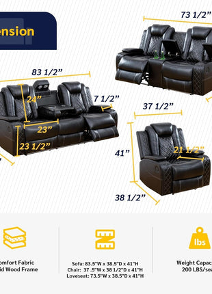 Ritz Power Recliner Living Room Set with LED Lighting for Apartments, Dormitories, Guest Houses, Playrooms, and Airbnbs