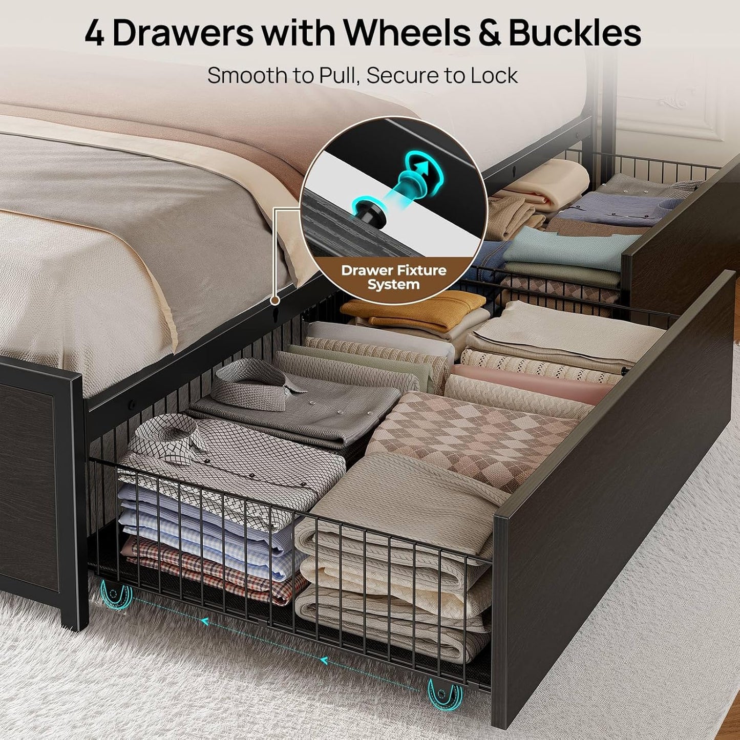 Full Size Bed Frame with 4 Storage Drawers, Charging Station and LED Lights, Metal Platform Bed with 2-Tier Storage Headboard, No Box Spring Needed, Easy Assembly, Noise-Free, Black