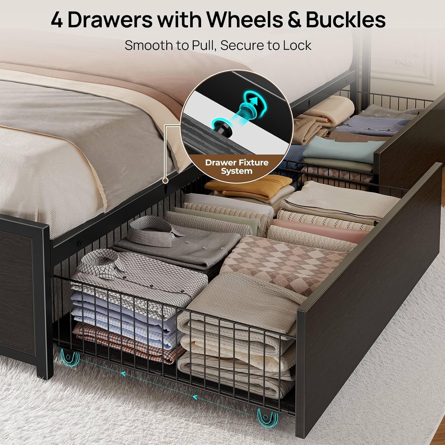 Full Size Bed Frame with 4 Storage Drawers, Charging Station and LED Lights, Metal Platform Bed with 2-Tier Storage Headboard, No Box Spring Needed, Easy Assembly, Noise-Free, Black