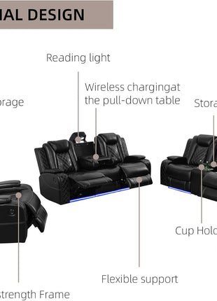 3-Piece Modern Leather Power Recliner Sofa Set for Living Room with USB Ports, LED Ambient Lighting, and Storage Console in Black