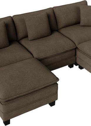 Cloud Modular Couch Sets: 123.6" U-Shaped Sectional Sofa with 5-Seater Capacity and 2 Movable Ottomans, Chenille Fabric in Taupe for Living Room