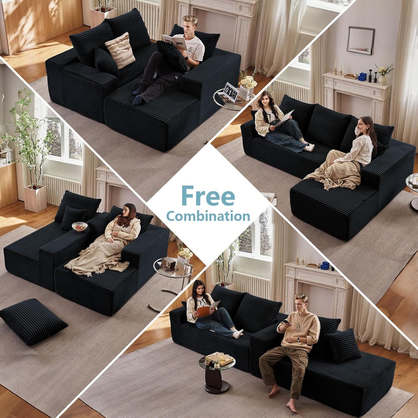 96" Cloud Sectional Couch with L-Shape Chaise, Modern Corduroy Boneless Couch for Living Room,Memory Foam Sofa with Deep Seat,No Assembly Required (Black,Right-Facing Chaise)