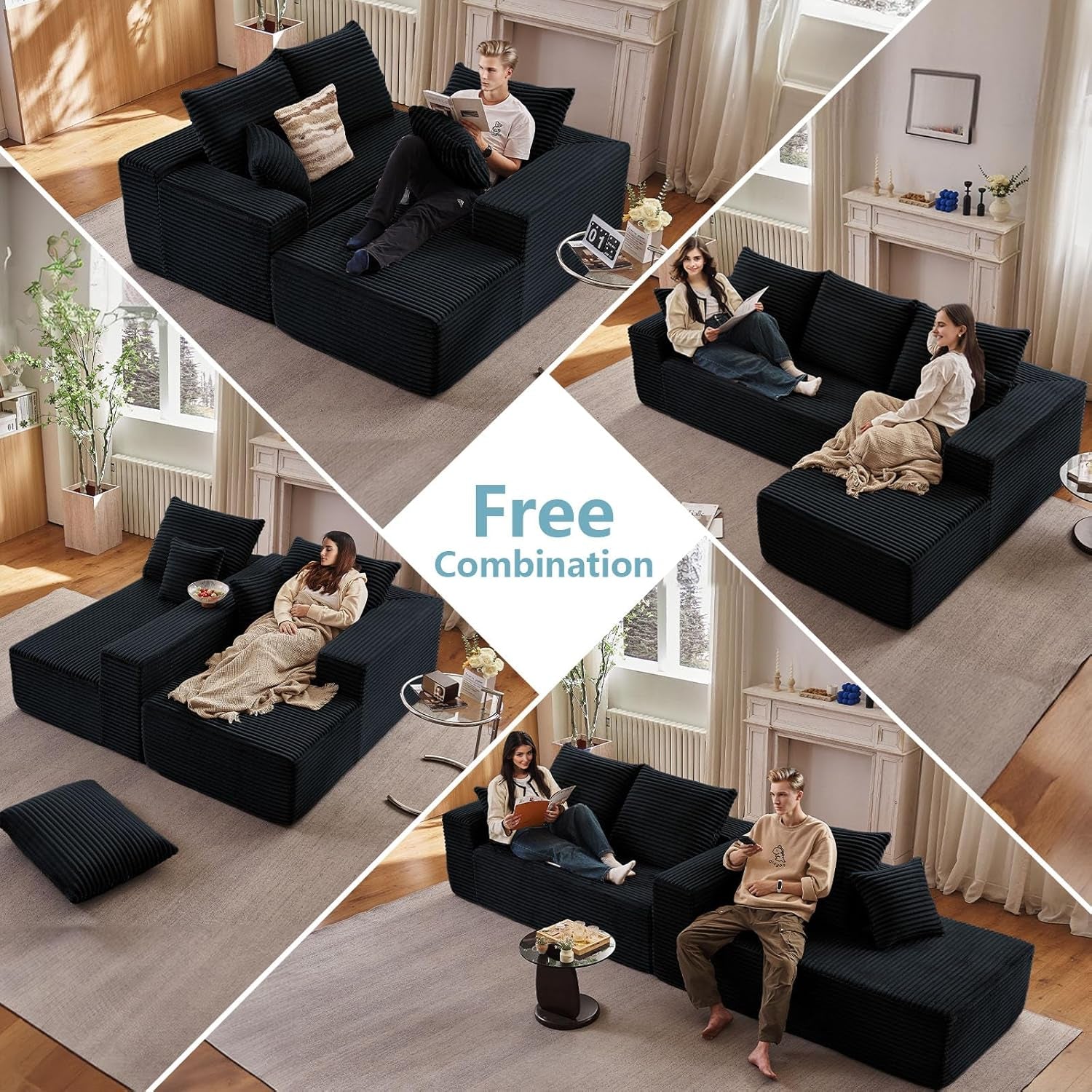 96" Cloud Sectional Couch with L-Shape Chaise, Modern Corduroy Boneless Couch for Living Room,Memory Foam Sofa with Deep Seat,No Assembly Required (Black,Right-Facing Chaise)