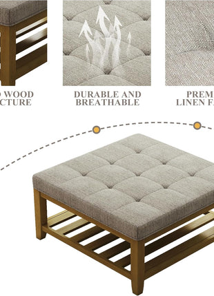 Large Square Ottoman Coffee Table with Solid Wood Shelf Storage and Upholstered Linen Footrest, Tufted Design for Living Room and Bedroom