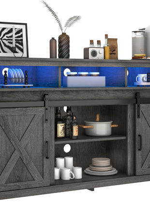 Rustic Farmhouse Coffee Bar Cabinet with Integrated Power Outlet, Wooden Sideboard Buffet Storage for Dining and Living Areas, Weathered Grey Finish
