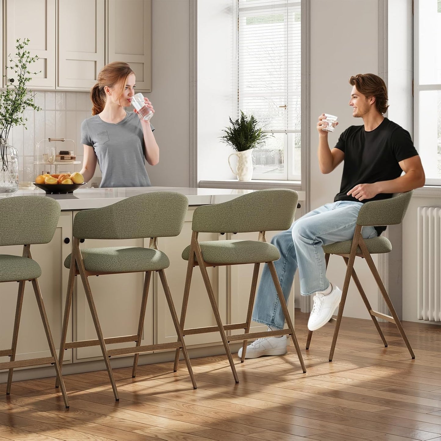 Bar Stools Set of 2, Counter Height Barstools with Back, Modern Upholstered Island Stools with Metal Legs for Kitchen Counter, Dining Room, Green