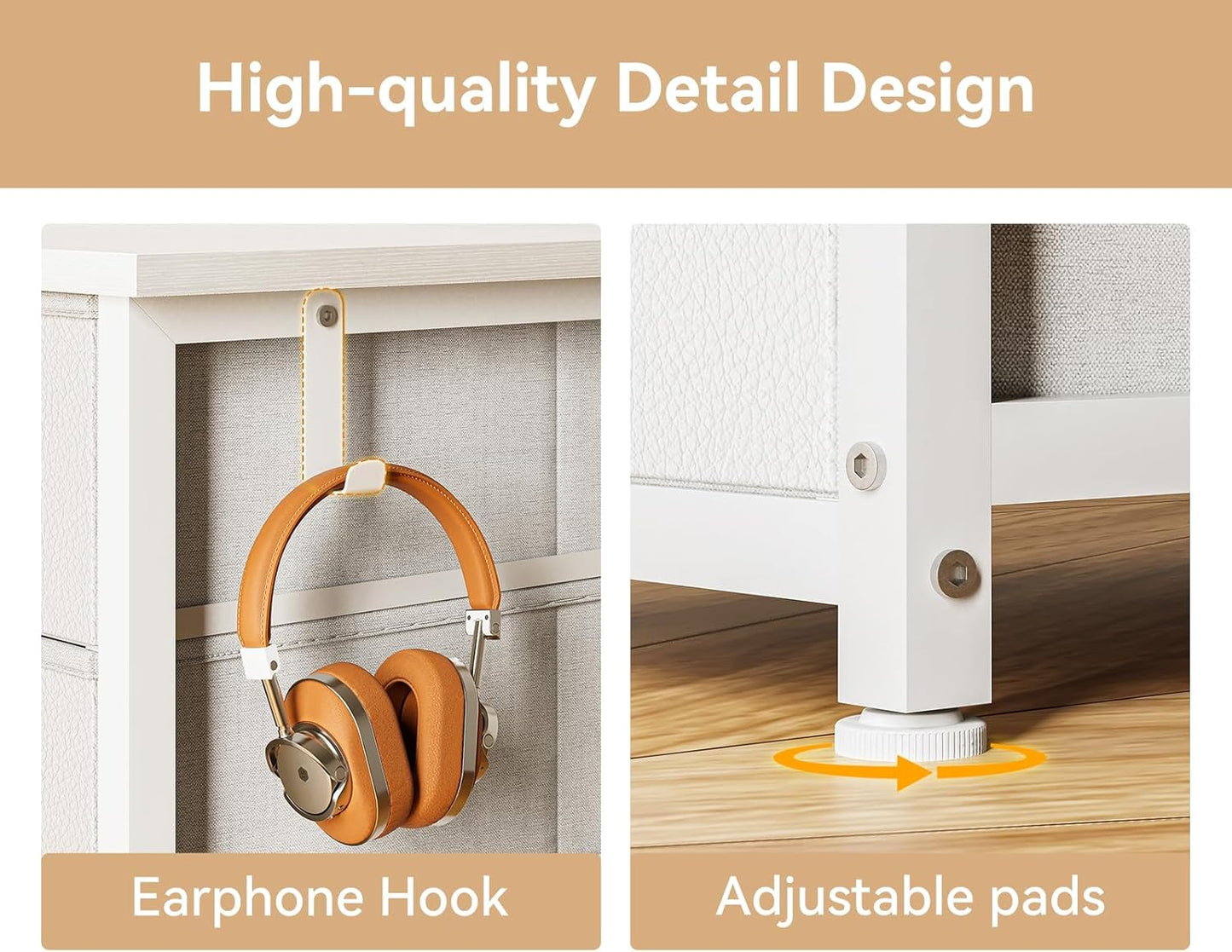 48 Inches Computer Desk with 8 Fabric Drawers, Modern Office Desk with Large Storage for Home Office, Study, White