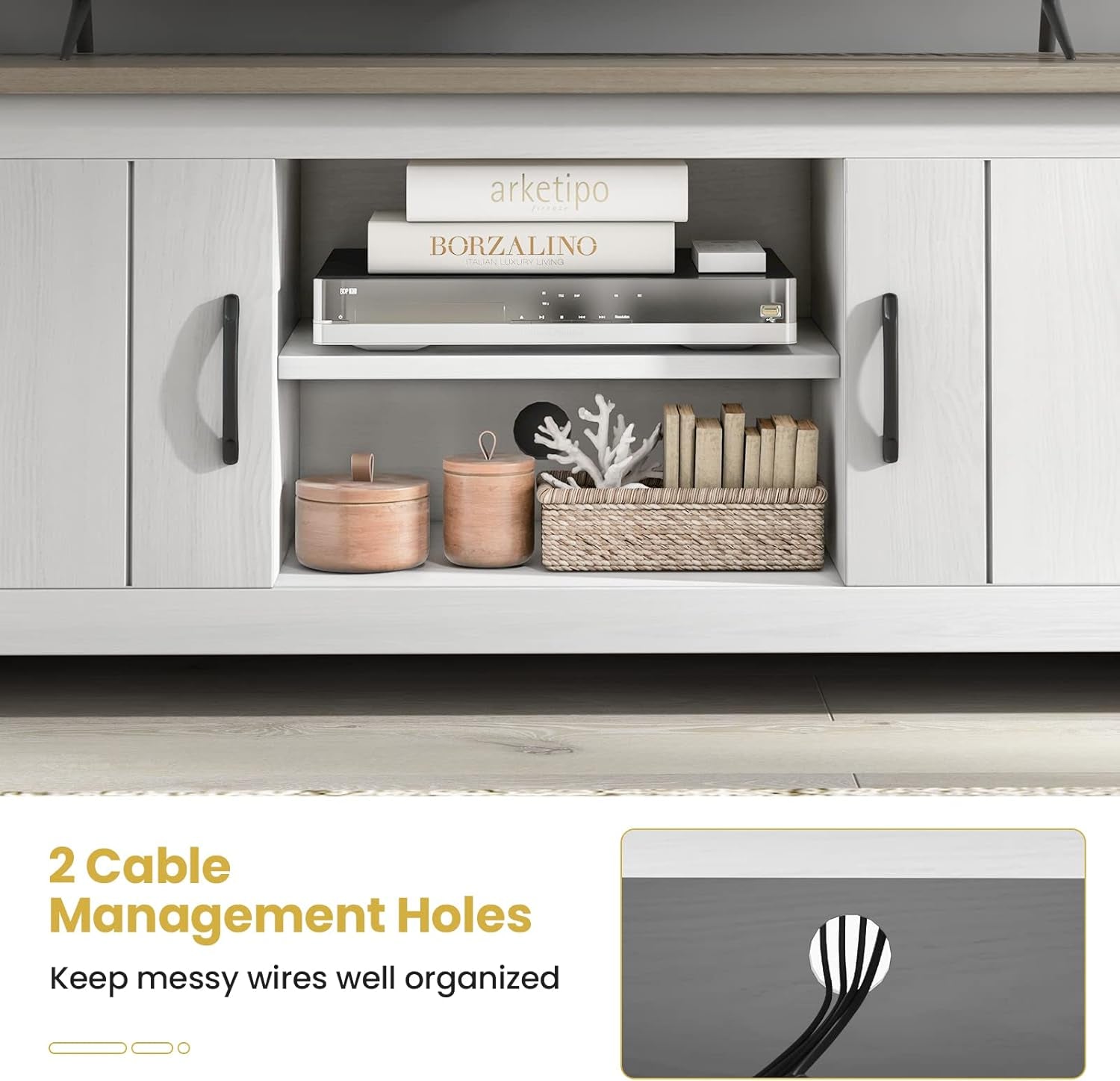 2 Doors TV Stand for Tvs up to 65”, 57” Media Console Table W/ 2 Cabinets & Open Shelves, 2 Cable Management Holes. Wood Entertainment Center Cabinet for Living Room (White Oak)