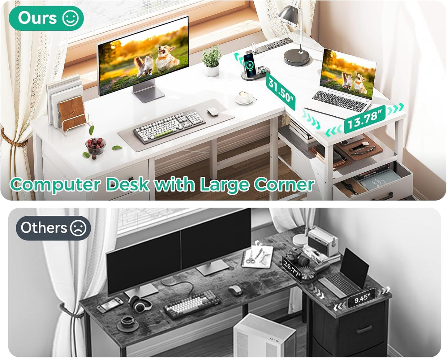 L Shaped Computer Desk with 6 Drawers & Power Outlet, 55 Inch Corner Desk with Reversible Storage Shelf & File Drawer, Home Office Desk, White