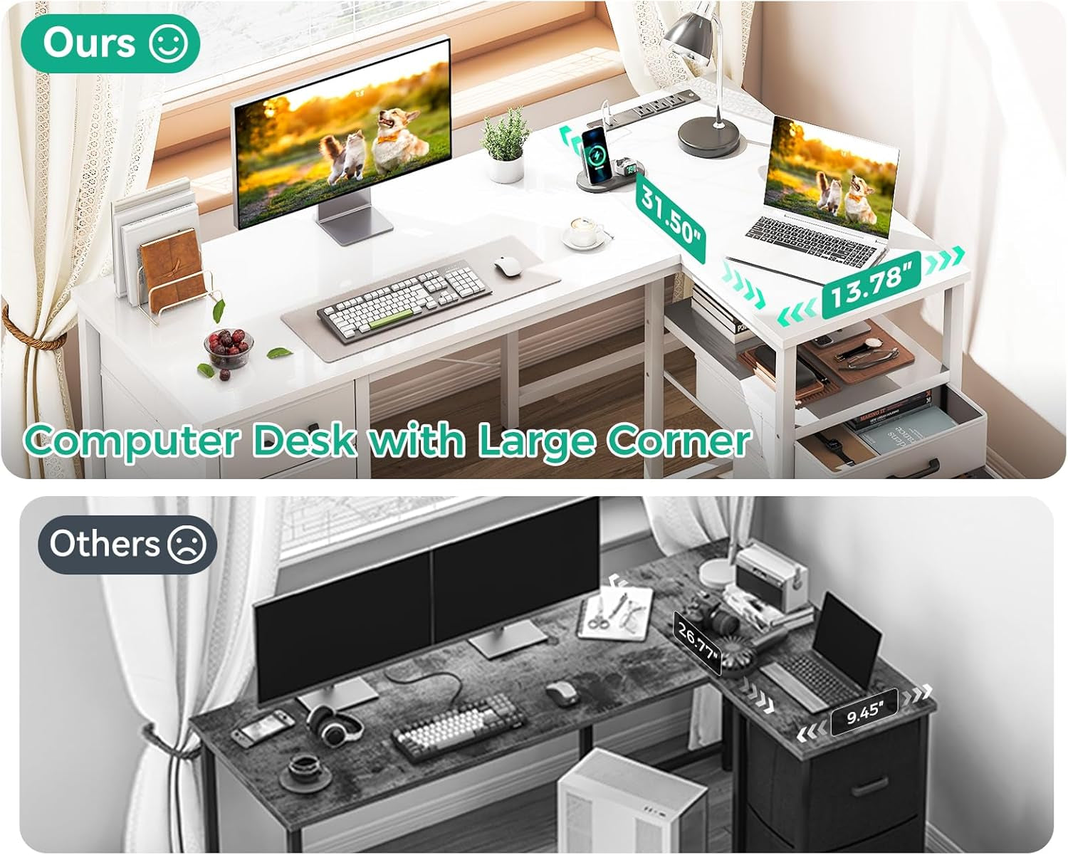 L Shaped Computer Desk with 6 Drawers & Power Outlet, 55 Inch Corner Desk with Reversible Storage Shelf & File Drawer, Home Office Desk, White