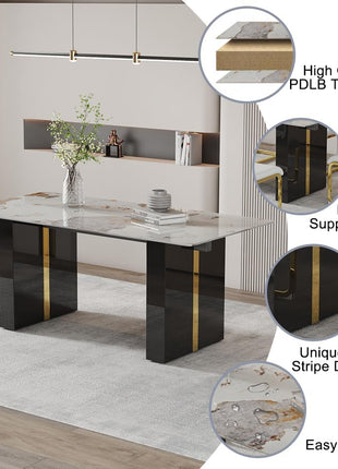71-Inch Dining Table Set for Eight with Faux Marble Surface and PU Leather Seating for Kitchen, Dining Room, Bar, and Living Room