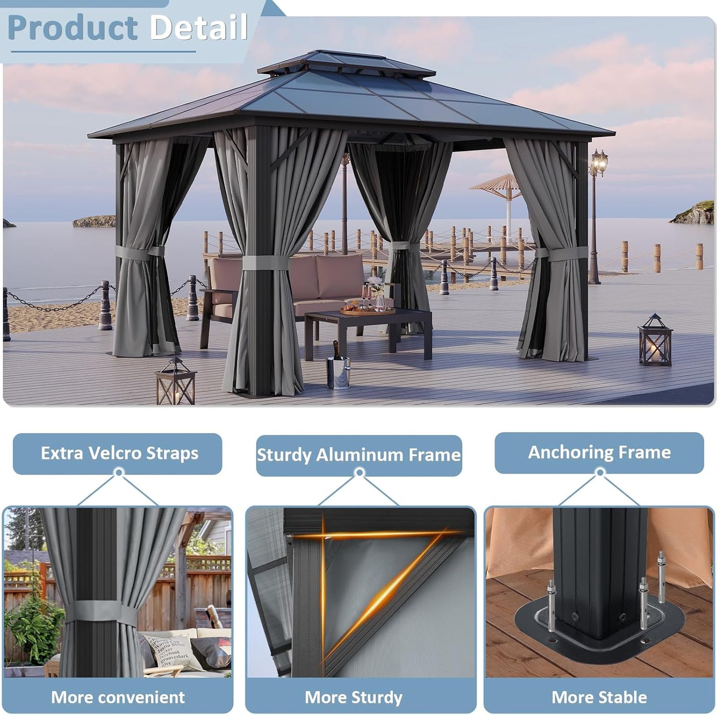 10'X12' Hardtop Gazebo, Aluminum Framed Outdoor Gazebo with Double Polycarbonate Roof, Durable Pavilion with Curtains & Netting for Patio, Garden, and Lawn