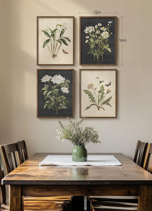 Framed Botanical Wall Art Set - 4-Piece Rustic Floral Canvas Prints for Home Decor in Various Living Spaces