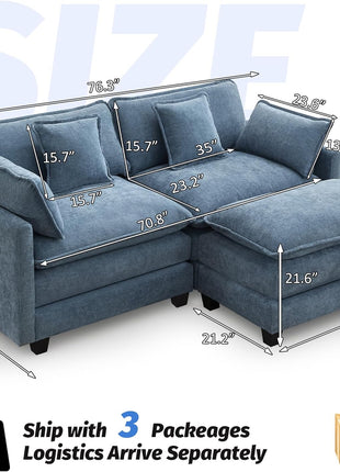 76-Inch Cloud Deep Seat Upholstered Chenille Modular Loveseat Sofa with Movable Ottoman, Modern 3-Seat Sectional Couch for Living Room and Small Apartments, Blue