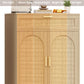 Rattan Buffet Cabinet with Storage, Sideboard with Drawer & Adjustable Shelf, Accent Kitchen Floor Storage Cabinet with 2 Doors & Solid Wood Feet, Coffee Bar for Living Room, Entryway, Natural Oak