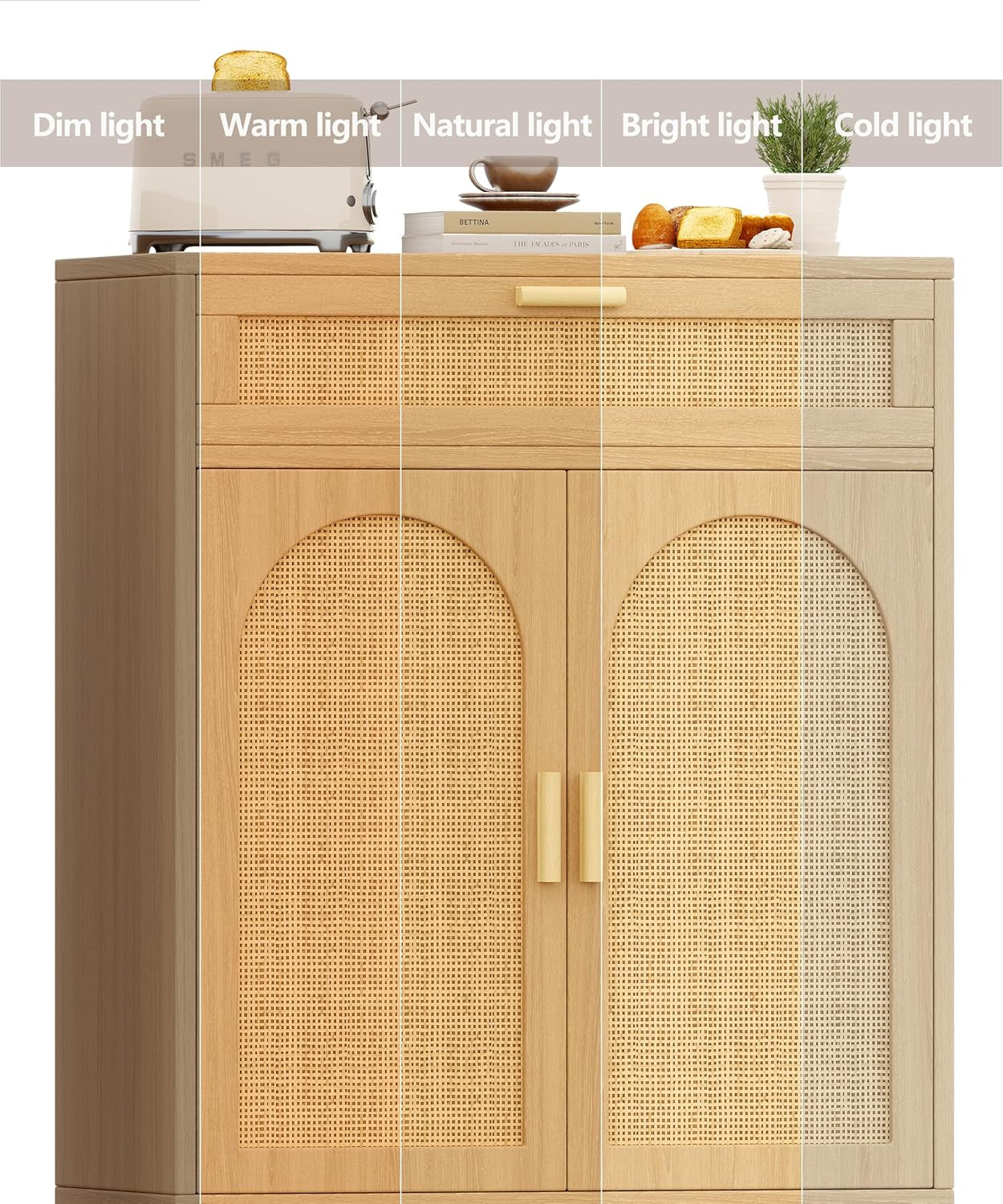 Rattan Buffet Cabinet with Storage, Sideboard with Drawer & Adjustable Shelf, Accent Kitchen Floor Storage Cabinet with 2 Doors & Solid Wood Feet, Coffee Bar for Living Room, Entryway, Natural Oak