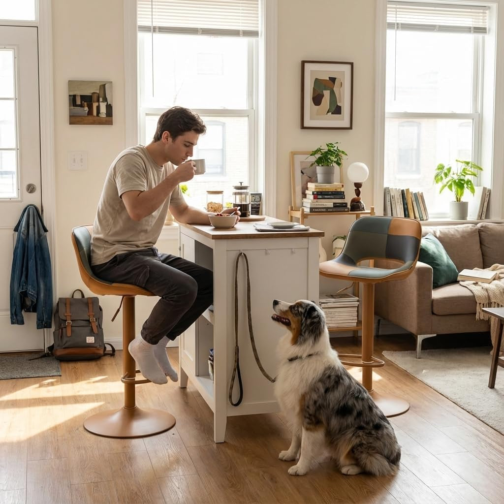 Bar Stools Set of 2, Boho Colorful Patchwork Barstools, Adjustable Swivel Counter Height Bar Stool Faux Leather Upholstered Barstool with Back, Compact Bar Chair for Kitchen Island, Tangreen