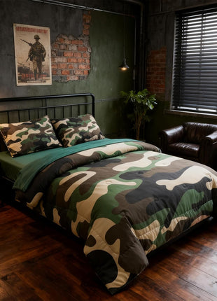 Twin Size Camouflage Bedding Comforter Set with Sheets - 5 Piece Bed in a Bag for Boys, Girls, and Teens - Neutral Farmhouse Lodge Cabin Army Green Bedspread