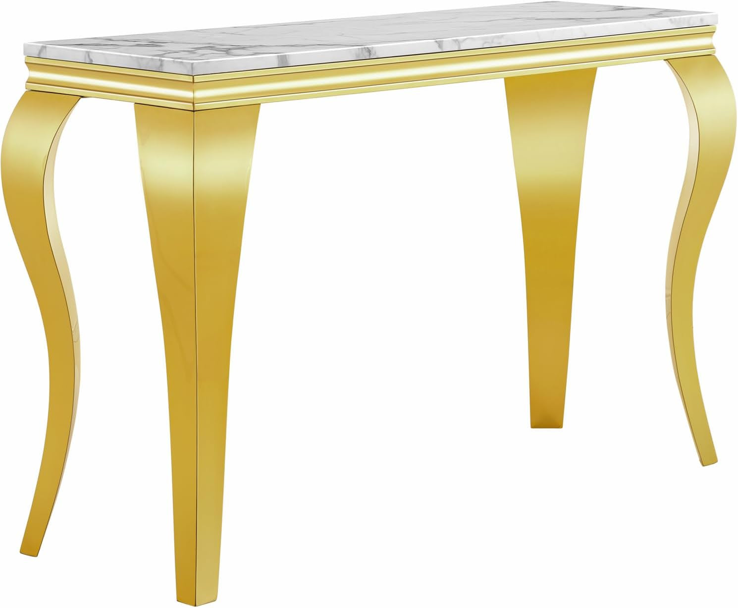 47 Inch White Marble Console Table with Mirrored Stainless Steel Metal Legs, Faux Marble Tall Luxury Gold Entryway Table, Modern Sofa Table Narrow Console Tables for Hallway Living Room